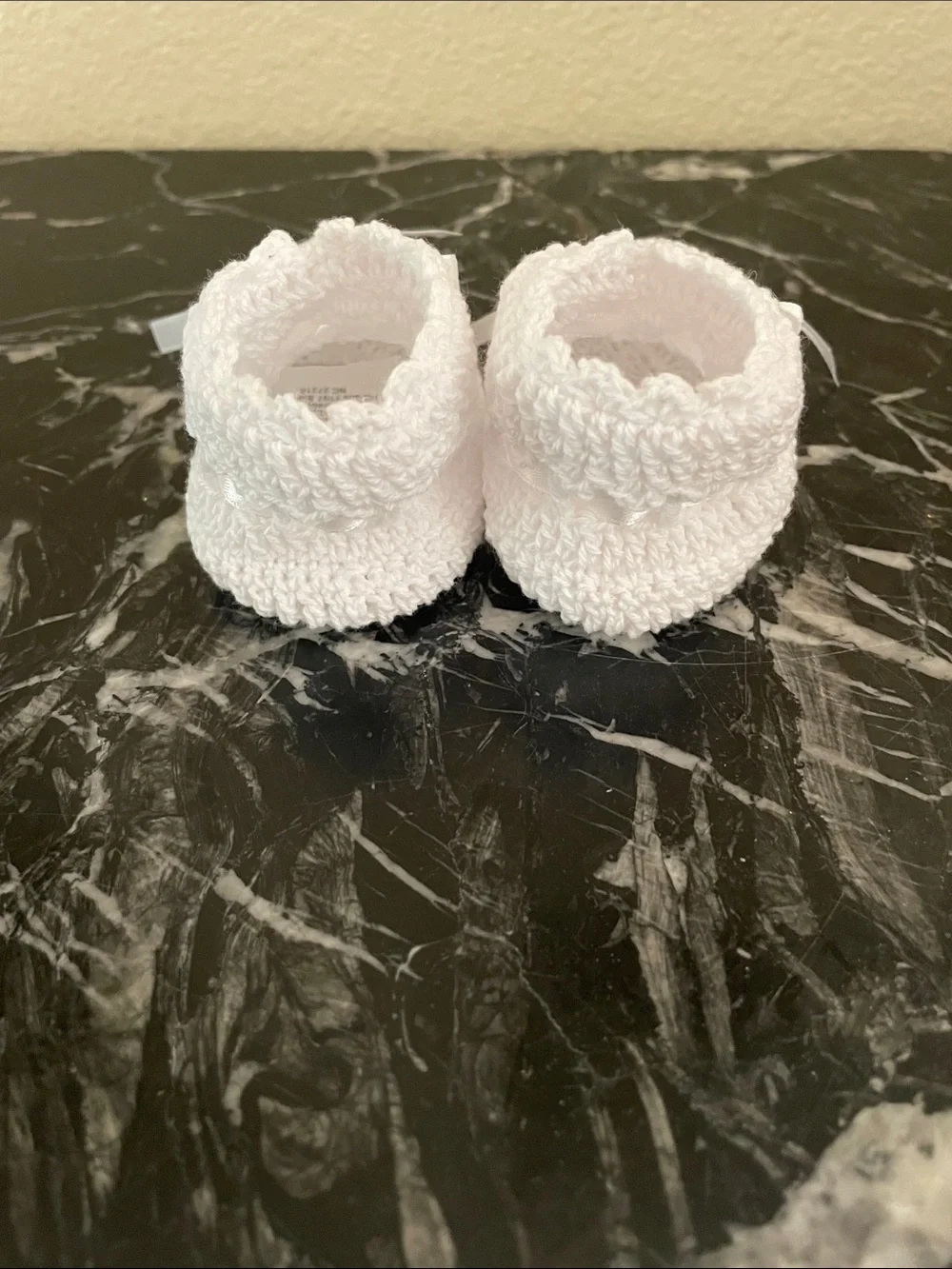 White Crochet Baby Booties with Satin Ribbon 0-3 Months